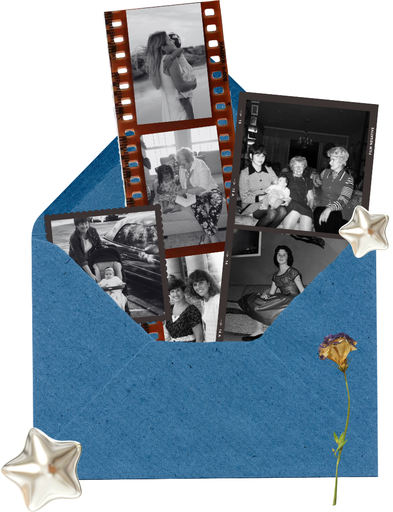 A blue envelope filled with cherished family photographs, silver stars, and a dried flower